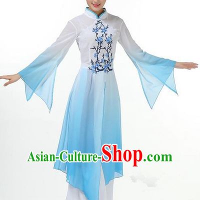 Traditional Chinese Yangge Fan Dancing Costume, Folk Dance Yangko Mandarin Sleeve Dress and Pants Plum Blossom Uniforms, Classic Umbrella Dance Elegant Dress Drum Dance Blue Clothing for Women