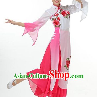 Traditional Chinese Yangge Fan Dancing Costume, Folk Dance Yangko Mandarin Sleeve Dress and Pants Peony Uniforms, Classic Umbrella Dance Elegant Dress Drum Dance Pink Clothing for Women