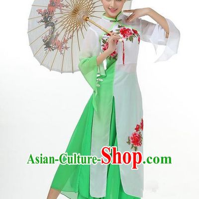 Traditional Chinese Yangge Fan Dancing Costume, Folk Dance Yangko Mandarin Sleeve Dress and Pants Peony Uniforms, Classic Umbrella Dance Elegant Dress Drum Dance Green Clothing for Women