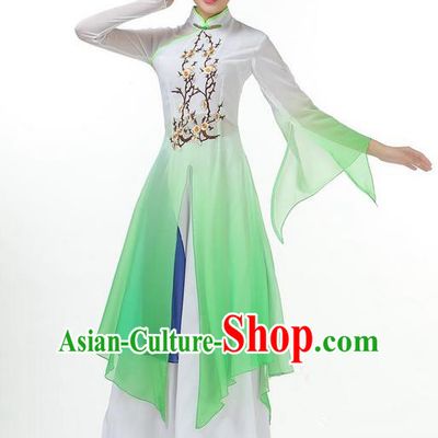Traditional Chinese Yangge Fan Dancing Costume, Folk Dance Yangko Mandarin Sleeve Dress and Pants Plum Blossom Uniforms, Classic Umbrella Dance Elegant Dress Drum Dance Green Clothing for Women
