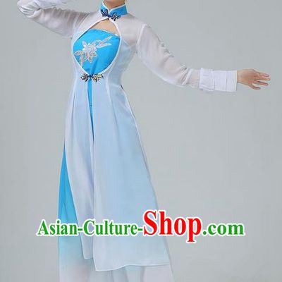 Traditional Chinese Yangge Fan Dancing Costume, Folk Dance Yangko Mandarin Sleeve Dress and Pants Paillette Uniforms, Classic Umbrella Lotus Dance Elegant Dress Drum Dance Blue Clothing for Women