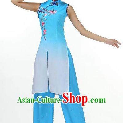 Traditional Chinese Yangge Fan Dancing Costume, Folk Dance Yangko Mandarin Collar Dress and Pants Plum Blossom Uniforms, Classic Umbrella Lotus Dance Elegant Dress Drum Dance Blue Clothing for Women