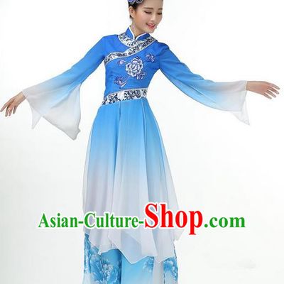 Traditional Chinese Yangge Fan Dancing Costume, Folk Dance Yangko Mandarin Collar Dress and Pants Paillette Peony Uniforms, Classic Umbrella Lotus Dance Elegant Dress Drum Dance Blue Clothing for Women