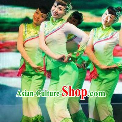 Traditional Chinese Yangge Fan Dancing Costume, Folk Dance Yangko Mandarin Collar Blouse and Pants Uniforms, Classic Umbrella Lotus Dance Elegant Dress Drum Dance Green Clothing for Women