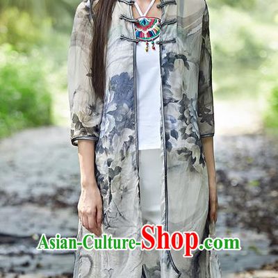 Traditional Ancient Chinese Tangsuit Costume, Elegant Hanfu Cappa Clothing, China Style Tang Suit Paiting Peony Grey Cardigan Clothing for Women