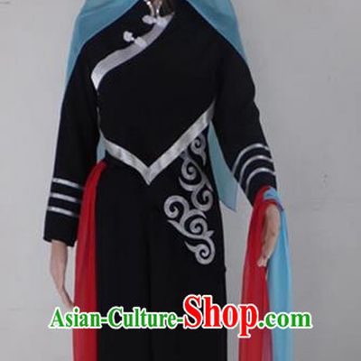 Traditional Chinese Yi Nationality Dancing Costume, Folk Dance Ethnic Dress Palace Princess Uniform, Chinese Yi Minority Nationality Dancing Black Clothing for Women