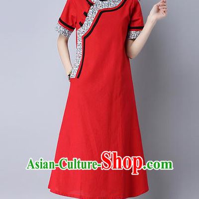Traditional Ancient Chinese National Costume, Elegant Hanfu Printing Dress, China Tang Suit Mandarin Collar Cheongsam Upper Outer Garment Red Dress Clothing for Women