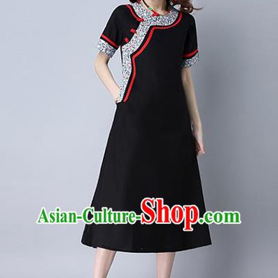 Traditional Ancient Chinese National Costume, Elegant Hanfu Printing Dress, China Tang Suit Mandarin Collar Cheongsam Upper Outer Garment Black Dress Clothing for Women