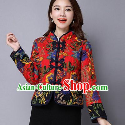 Traditional Ancient Chinese National Costume, Elegant Hanfu Coat, China Tang Suit Stand Collar Cotton-Padded Coat, Upper Outer Garment Embroidered Red Jacket Clothing for Women