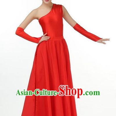 Traditional Modern Dancing Costume, Opening Classic Chorus Singing Group Dance Red Single Shoulder Dress, Modern Dance Classic Ballet Dance Latin Dance Dress for Women