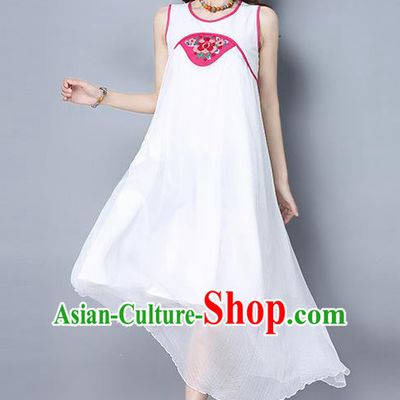 Traditional Ancient Chinese National Costume, Elegant Hanfu Embroidered Dress, China Tang Suit Cheongsam Upper Outer Garment White Dress Clothing for Women