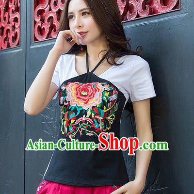 Traditional Ancient Chinese National Costume, Elegant Hanfu Halter T-Shirt, China Tang Suit Round Collar White Embroidered Peony Blouse Cheongsam Upper Outer Garment Clothing for Women