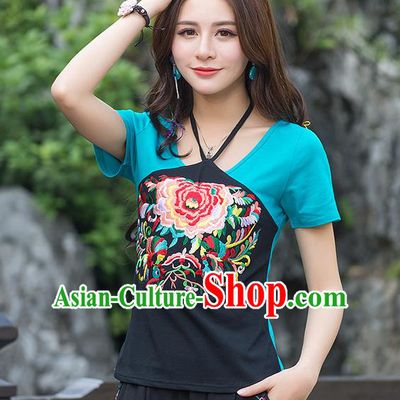 Traditional Ancient Chinese National Costume, Elegant Hanfu Halter T-Shirt, China Tang Suit Round Collar Blue Embroidered Peony Blouse Cheongsam Upper Outer Garment Clothing for Women