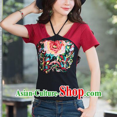 Traditional Ancient Chinese National Costume, Elegant Hanfu Halter T-Shirt, China Tang Suit Round Collar Red Embroidered Peony Blouse Cheongsam Upper Outer Garment Clothing for Women