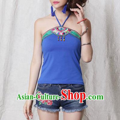 Traditional Ancient Chinese National Costume, Elegant Hanfu Halter Camisole, China Tang Suit Blue Embroidered Waistcoat Cheongsam Upper Outer Garment Clothing for Women