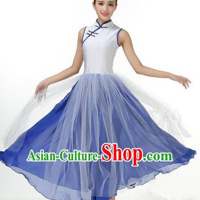 Traditional Modern Dancing Costume, Opening Classic Chorus Singing Group Dance Big Swing Blue Long Cheongsam Dress, Modern Dance Classic Ballet Dance Latin Dance Dress for Women