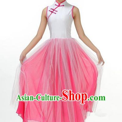 Traditional Modern Dancing Costume, Opening Classic Chorus Singing Group Dance Big Swing Pink Long Cheongsam Dress, Modern Dance Classic Ballet Dance Latin Dance Dress for Women