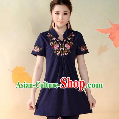 Traditional Ancient Chinese National Costume, Elegant Hanfu T-Shirt, China Tang Suit Mandarin Collar Navy Blouse Cheongsam Upper Outer Garment Clothing for Women