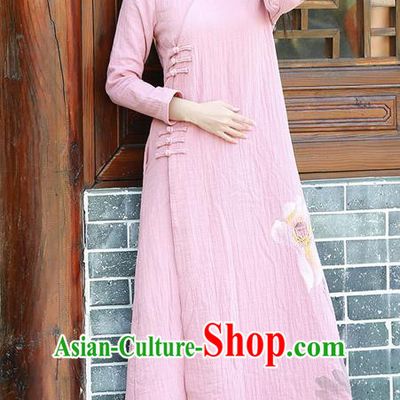 Traditional Ancient Chinese National Costume, Elegant Hanfu Hand Printing Linen Dress, China Tang Suit Cheongsam Upper Outer Garment Pink Elegant Dress Clothing for Women