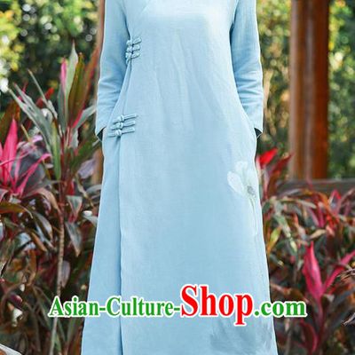 Traditional Ancient Chinese National Costume, Elegant Hanfu Hand Printing Linen Dress, China Tang Suit Cheongsam Upper Outer Garment Blue Elegant Dress Clothing for Women