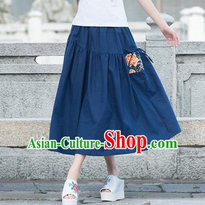 Traditional Ancient Chinese National Pleated Skirt Costume, Elegant Hanfu Embroidered Peony Long Dress, China Tang Suit Cotton Blue Bust Skirt for Women