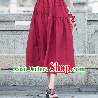 Traditional Ancient Chinese National Pleated Skirt Costume, Elegant Hanfu Embroidered Peony Long Dress, China Tang Suit Cotton Red Bust Skirt for Women