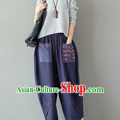 Traditional Ancient Chinese National Costume Plus Fours, Elegant Hanfu Embroidered Pants, China Tang Suit Cotton Blue Bloomers for Women