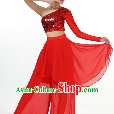Traditional Chinese Yangge Fan Dancing Costume, Folk Dance Yangko Dress and Pants Paillette Single Shoulder Uniforms, Classic Umbrella Lotus Dance Elegant Dress Drum Dance Red Clothing for Women