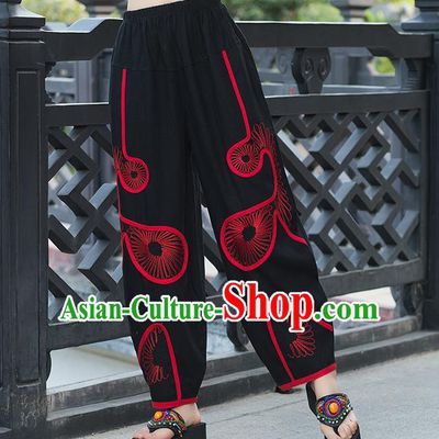Traditional Ancient Chinese National Costume Plus Fours, Elegant Hanfu Embroidered Red Pants, China Tang Suit Cotton Bloomers for Women