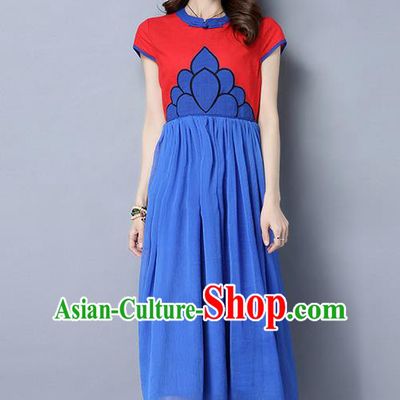 Traditional Ancient Chinese National Costume, Elegant Hanfu Printing Chiffon Dress, China Tang Suit Cheongsam Upper Outer Garment Blue Elegant Dress Clothing for Women