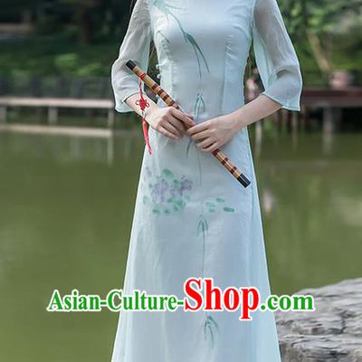 Traditional Ancient Chinese National Costume, Elegant Hanfu Hand Printing Brocade Dress, China Tang Suit Cheongsam Upper Outer Garment Blue Elegant Dress Clothing for Women