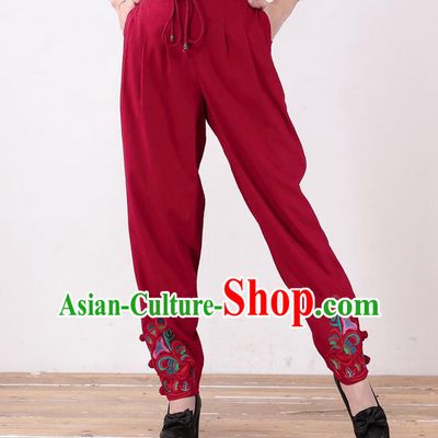 Traditional Ancient Chinese National Costume Plus Fours, Elegant Hanfu Embroidered Pants, China Tang Suit Linen Red Bloomers for Women