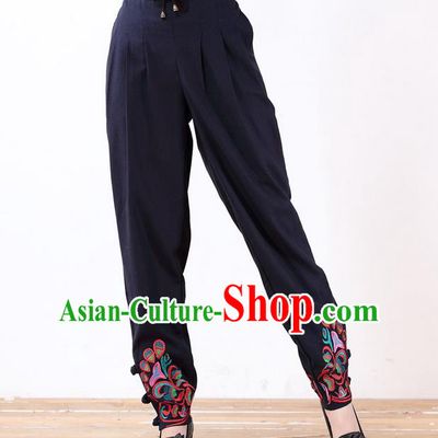 Traditional Ancient Chinese National Costume Plus Fours, Elegant Hanfu Embroidered Pants, China Tang Suit Linen Navy Bloomers for Women