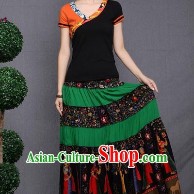 Traditional Ancient Chinese National Pleated Skirt Costume, Elegant Hanfu Printing Pleated Long Dress, China National Minority Tang Suit Cotton Green Bust Skirt for Women