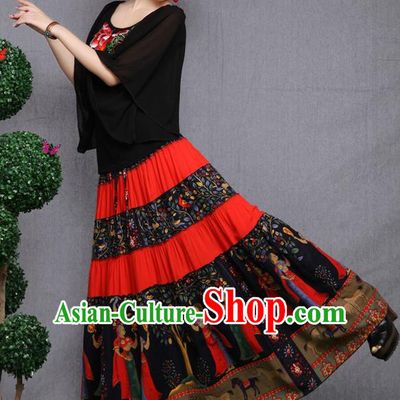 Traditional Ancient Chinese National Pleated Skirt Costume, Elegant Hanfu Printing Pleated Long Dress, China National Minority Tang Suit Cotton Orange Bust Skirt for Women