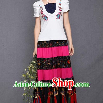 Traditional Ancient Chinese National Pleated Skirt Costume, Elegant Hanfu Printing Pleated Long Dress, China National Minority Tang Suit Cotton Pink Bust Skirt for Women