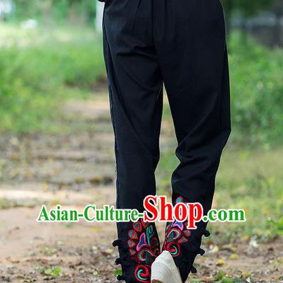 Traditional Ancient Chinese National Costume Trousers, Elegant Hanfu Embroidered Pants, China Tang Suit Cotton Black Leisure Pants for Women