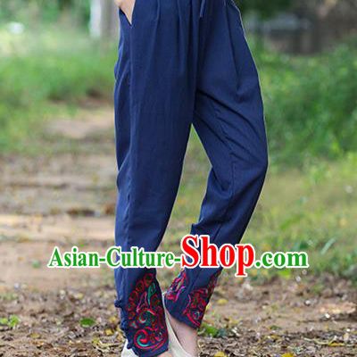 Traditional Ancient Chinese National Costume Trousers, Elegant Hanfu Embroidered Pants, China Tang Suit Cotton Navy Leisure Pants for Women
