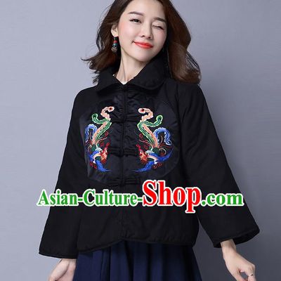 Traditional Ancient Chinese National Costume, Elegant Hanfu Coat, China Tang Suit Stand Collar Cotton-Padded Coat, Upper Outer Garment Embroidered Phoenix Black Jacket Clothing for Women