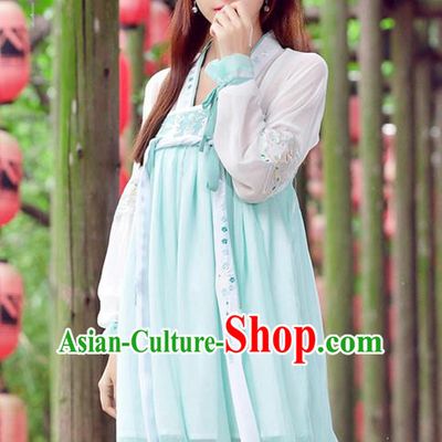 Traditional Ancient Chinese Ancient Costume, Elegant Hanfu Clothing Embroidered Blue Dress, China Tang Dynasty Blouse and Skirt Complete Set for Women
