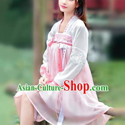 Traditional Ancient Chinese Ancient Costume, Elegant Hanfu Clothing Embroidered Pink Dress, China Tang Dynasty Blouse and Skirt Complete Set for Women
