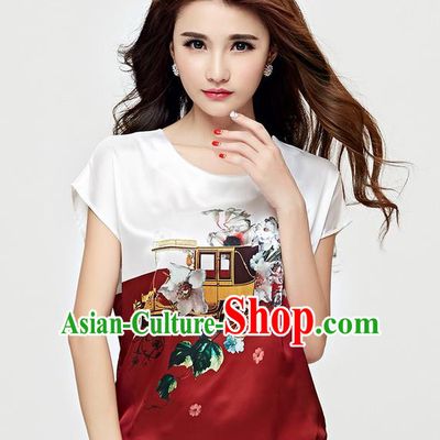 Traditional Ancient Chinese National Costume, Elegant Hanfu Ture Silk Shirt, China Tang Suit Round Collar Painted Silk Red Blouse Cheongsam Upper Outer Garment Clothing for Women
