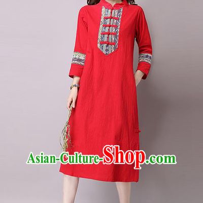 Traditional Ancient Chinese National Costume, Elegant Hanfu Stand Collar Embroidered Dress, China Tang Suit Mandarin Collar Cheongsam Upper Outer Garment Red Dress Clothing for Women