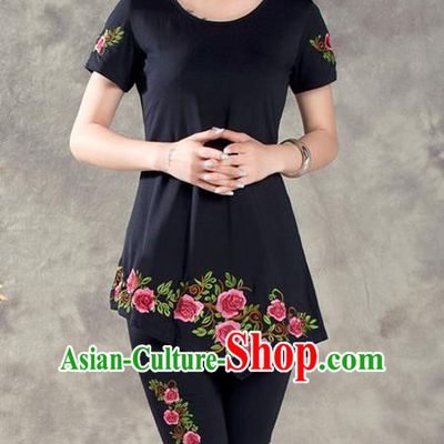Traditional Ancient Chinese National Costume, Elegant Hanfu Embroidered T-Shirt and Pants, China Tang Suit Embroidered Black Blouse Cheongsam Upper Outer Garment Clothing for Women