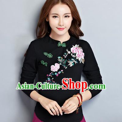 Traditional Ancient Chinese National Costume, Elegant Hanfu Embroidered Shirt, China Tang Suit Embroidered Peony Black Blouse Cheongsam Upper Outer Garment Clothing for Women