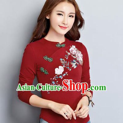 Traditional Ancient Chinese National Costume, Elegant Hanfu Embroidered Shirt, China Tang Suit Embroidered Peony Red Blouse Cheongsam Upper Outer Garment Clothing for Women