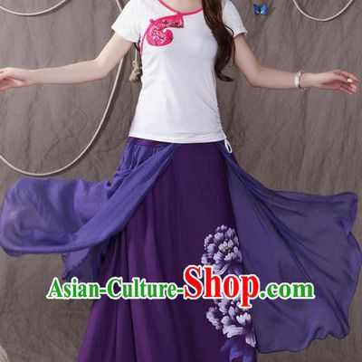 Traditional Ancient Chinese National Pleated Skirt Costume, Elegant Hanfu Printing Peony Big Swing Long Dress, China Tang Suit Cotton Purple Bust Skirt for Women