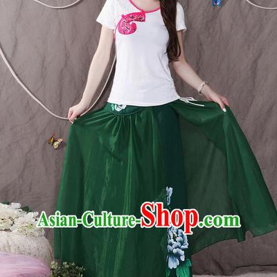 Traditional Ancient Chinese National Pleated Skirt Costume, Elegant Hanfu Printing Peony Big Swing Long Dress, China Tang Suit Cotton Green Bust Skirt for Women
