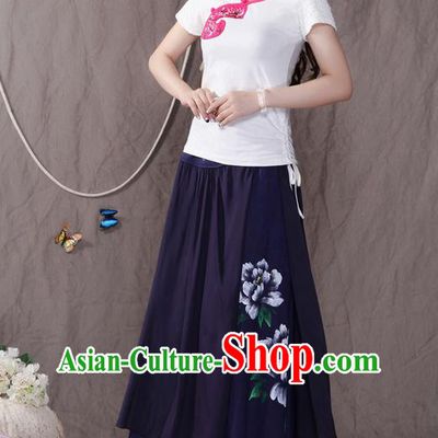Traditional Ancient Chinese National Pleated Skirt Costume, Elegant Hanfu Printing Peony Big Swing Long Dress, China Tang Suit Cotton Navy Bust Skirt for Women
