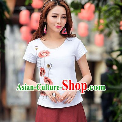 Traditional Ancient Chinese National Costume, Elegant Hanfu T-Shirt, China Tang Suit White Embroidered Blouse Cheongsam Upper Outer Garment Shirt Clothing for Women